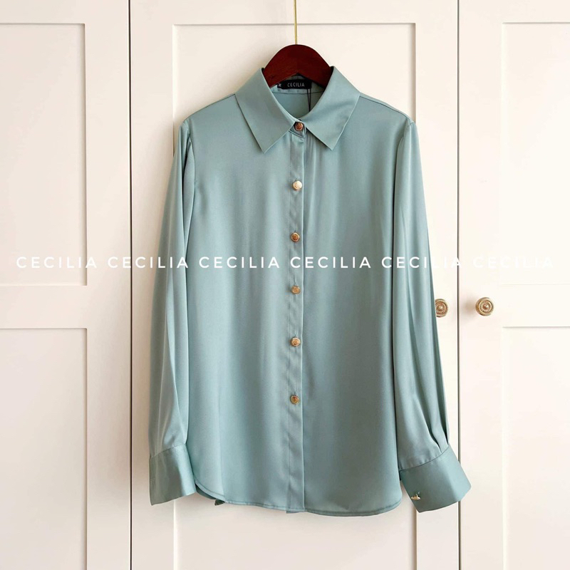 Sơ mi lụa dài tay thiết kế rộng suông LOUISE Shirt by CECILIA  dài tay 2 màu trắng & xanh ngọc - khuy kim loại