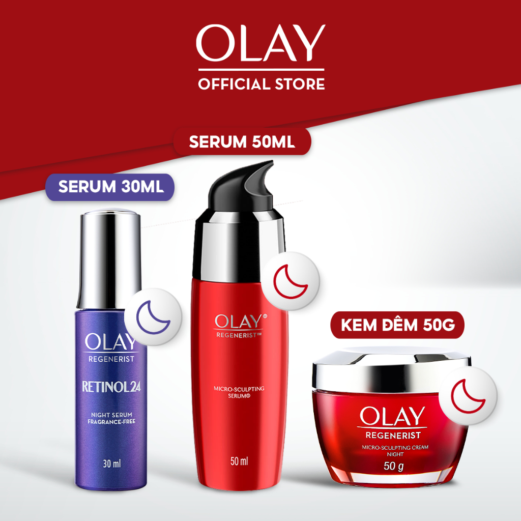 Combo 3: Kem Dưỡng Ban Đêm OLAY REGENERIST 50G, Serum OLAY REGENERIST 50ML, Serum OLAY RETINOL 30ML