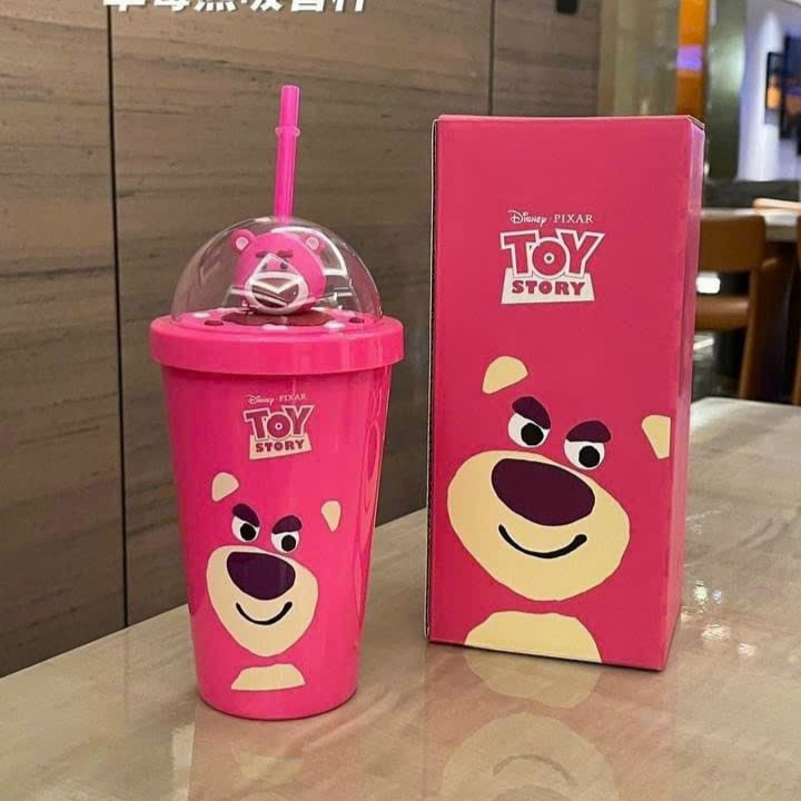 Cốc ly gấu dâu Los.to phiên bản ly nhựa có sticker dung tích 750ML tặng kèm ống