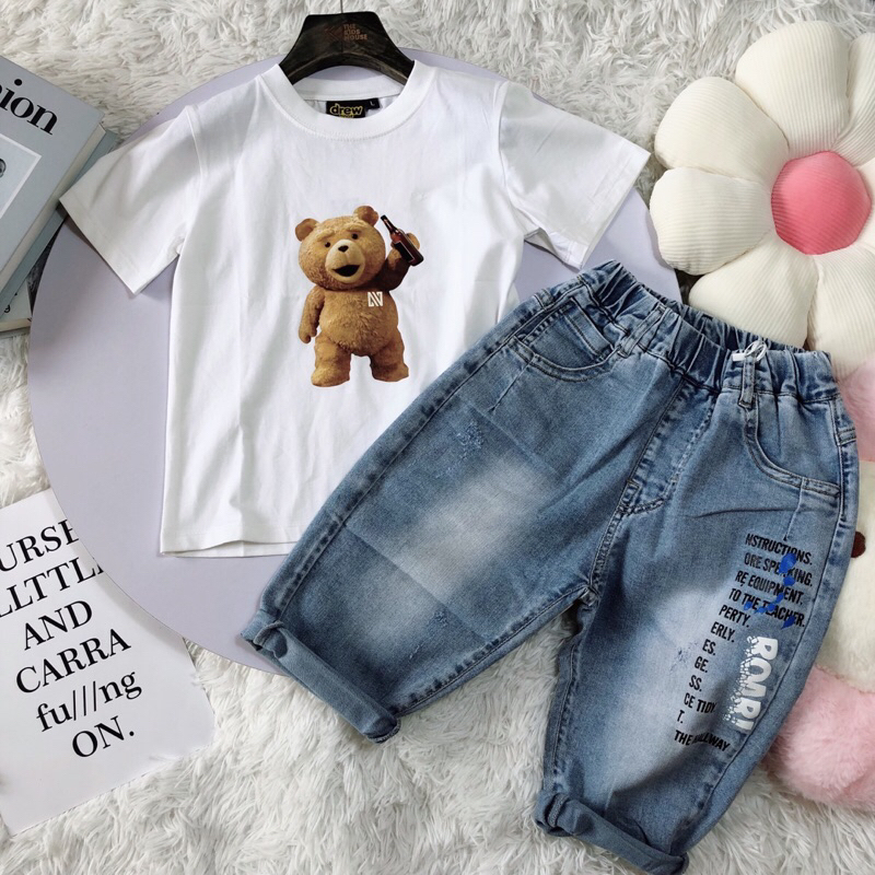 set áo thun gấu chất cotton phối quần Jean lửng cá tính năng động cho bé trai