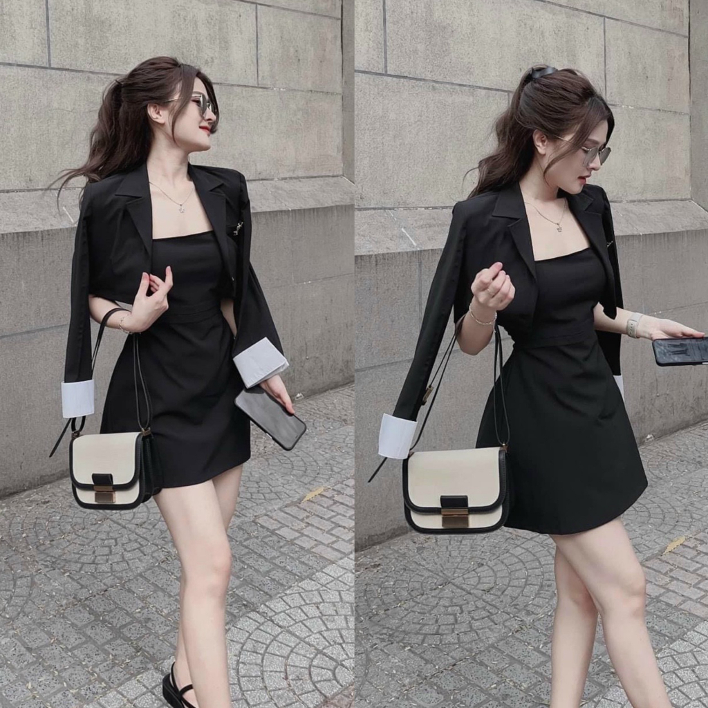 Set váy siết eo kèm khoác vest croptop ống tay phối cùng tone màu đen sang trọng, quý phái cho các tình yêu đi dự tiệc