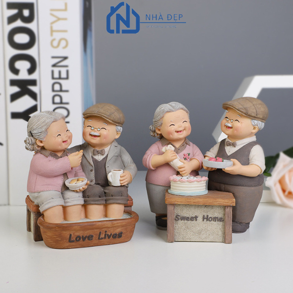 Tượng ông bà hạnh phúc decor trang trí bánh kem, đọc sách, đi dạo - Tượng trang trí nhà cửa phòng khách phòng ngủ
