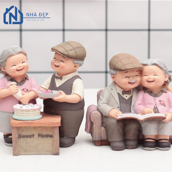 Tượng ông bà hạnh phúc decor trang trí bánh kem, đọc sách, đi dạo - Tượng trang trí nhà cửa phòng khách phòng ngủ