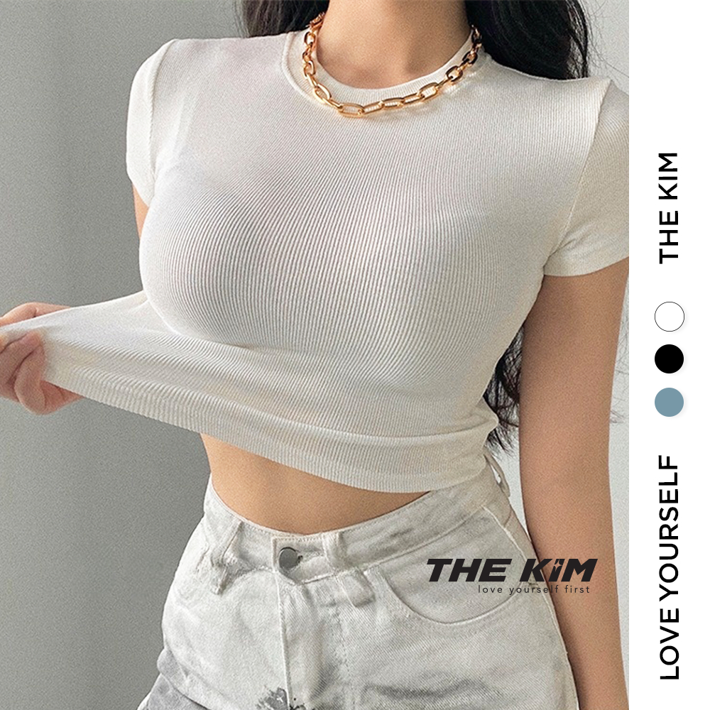 Áo thun croptop tay ngắn cổ tròn The Kim, áo baby tee thun tăm trơn A166