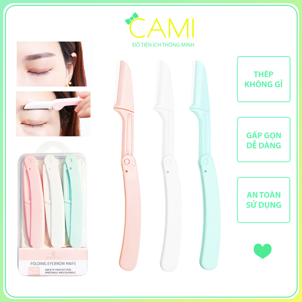 Bộ 3 tỉa lông mày thiết kế gấp gọn tiện lợi, an toàn, giúp định hình lông mày, chất liệu thép không gỉ - Cami - CMPK350