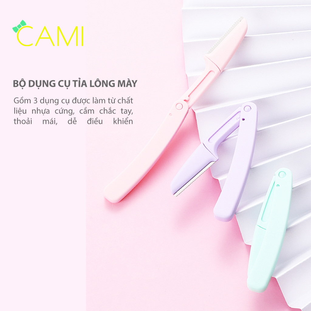 Bộ 3 tỉa lông mày thiết kế gấp gọn tiện lợi, an toàn, giúp định hình lông mày, chất liệu thép không gỉ - Cami - CMPK350