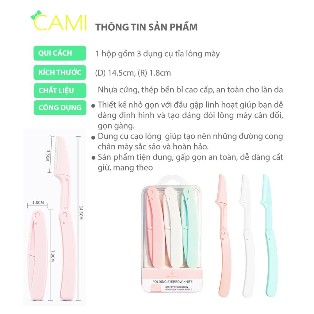 Bộ 3 tỉa lông mày thiết kế gấp gọn tiện lợi, an toàn, giúp định hình lông mày, chất liệu thép không gỉ - Cami - CMPK350