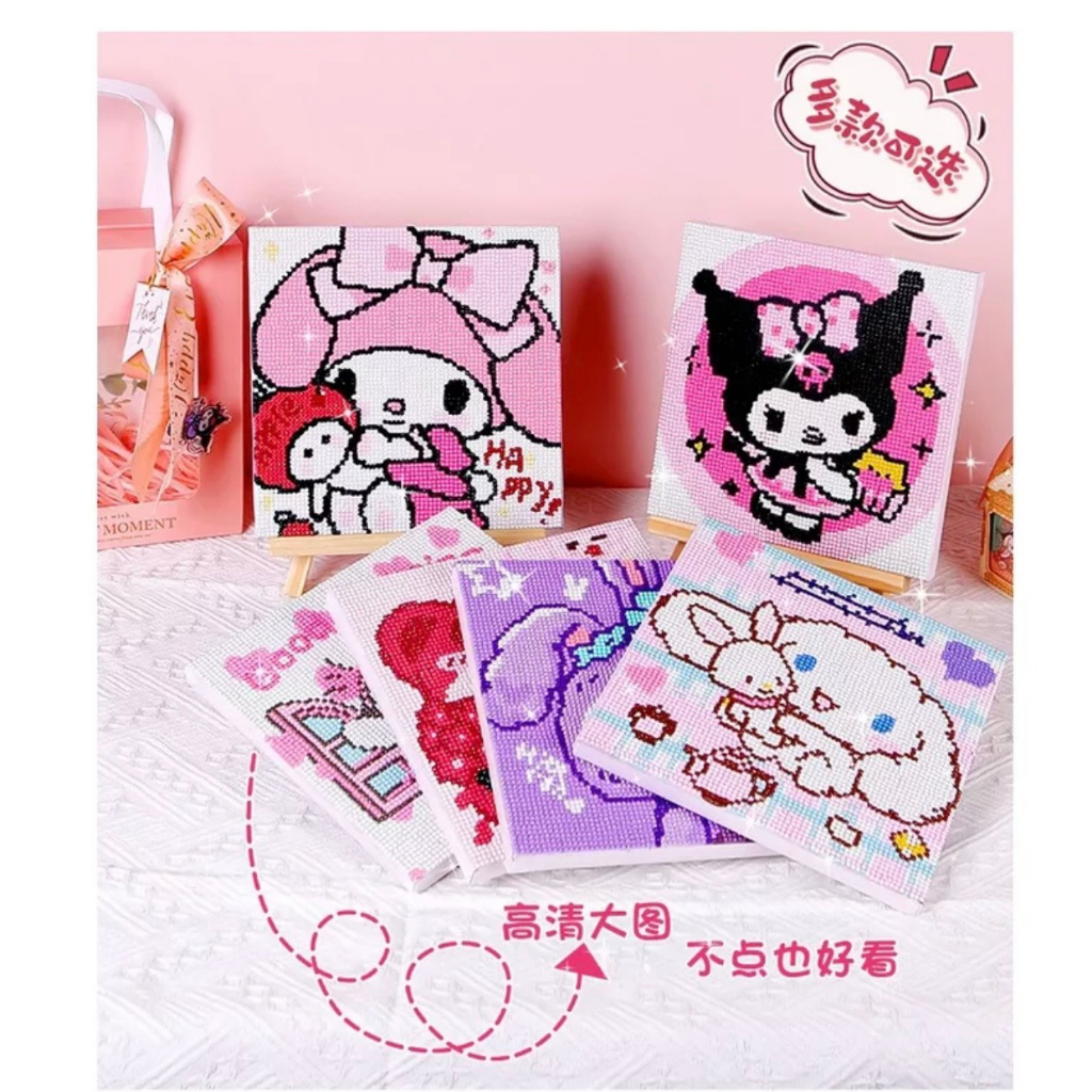 Tranh đính đá hoạ tiết hoạt hình dễ thương độc đáo, tranh đính đá kuromi, melody... khung gỗ 20x20, 18x18