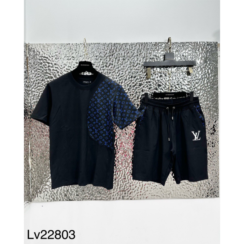 Bộ Hè Nam Nữ L.V In Họa Tiết Logo Vân Xanh Nửa Áo Chất Cotton Mới Nhất 2023 - Bộ Hè L.V Dành Cho Nam Nữ