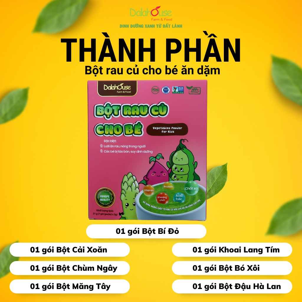 Bột Rau Củ Dinh Dưỡng Cho Bé Ăn Dặm Nguyên Chất Sấy Lạnh Dalahouse Hộp 21g - 7 gói chia sẵn