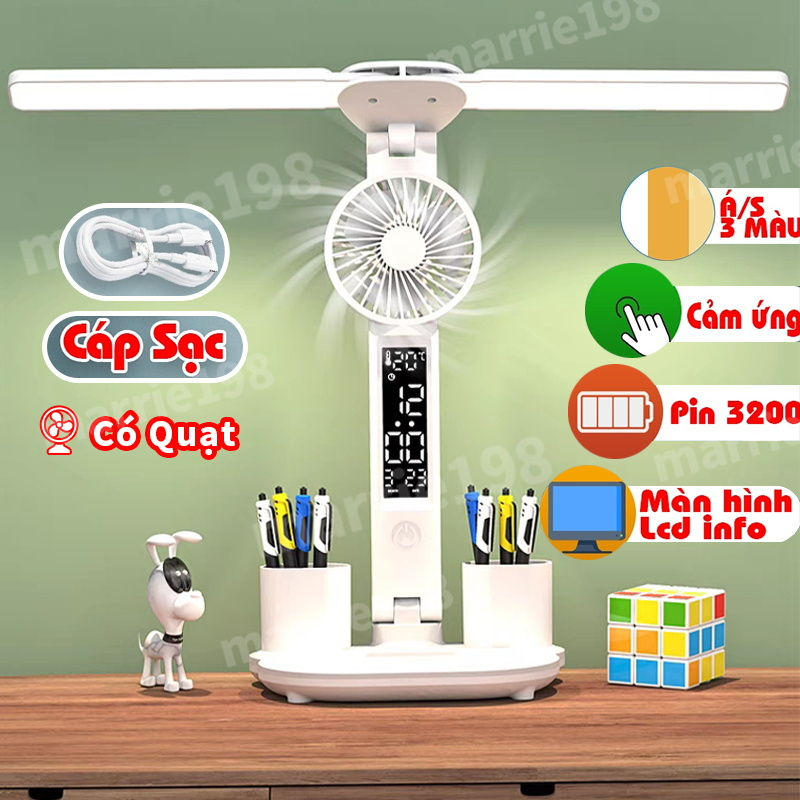 ĐÈN LED CÓ QUẠT Đèn học tích điện, chống cận Có màn hình LCD hiển thị đa thông tin dung lượng khủng 3200Mh bảo vệ thị