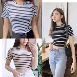 Áo croptop sọc ngang tay ngắn, áo thun kẻ ngang dáng ngắn dưới 52kg A79