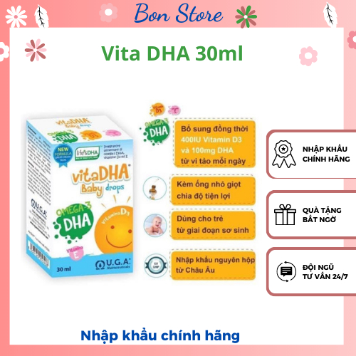 DHA cho bé, Vita DHA Baby Drops kết hợp Vitamin D3, E giúp bé phát triển trí não,sáng mắt
