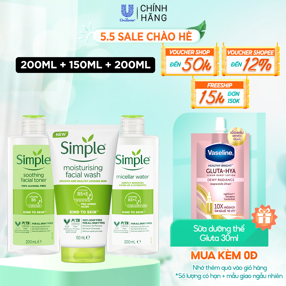Combo Simple Tẩy trang Micellar 200ml + Sữa rửa mặt 150ml + Nước hoa hồng 200ml sạch sâu hiệu quả [CHÍNH HÃNG ĐỘC QUYỀN]