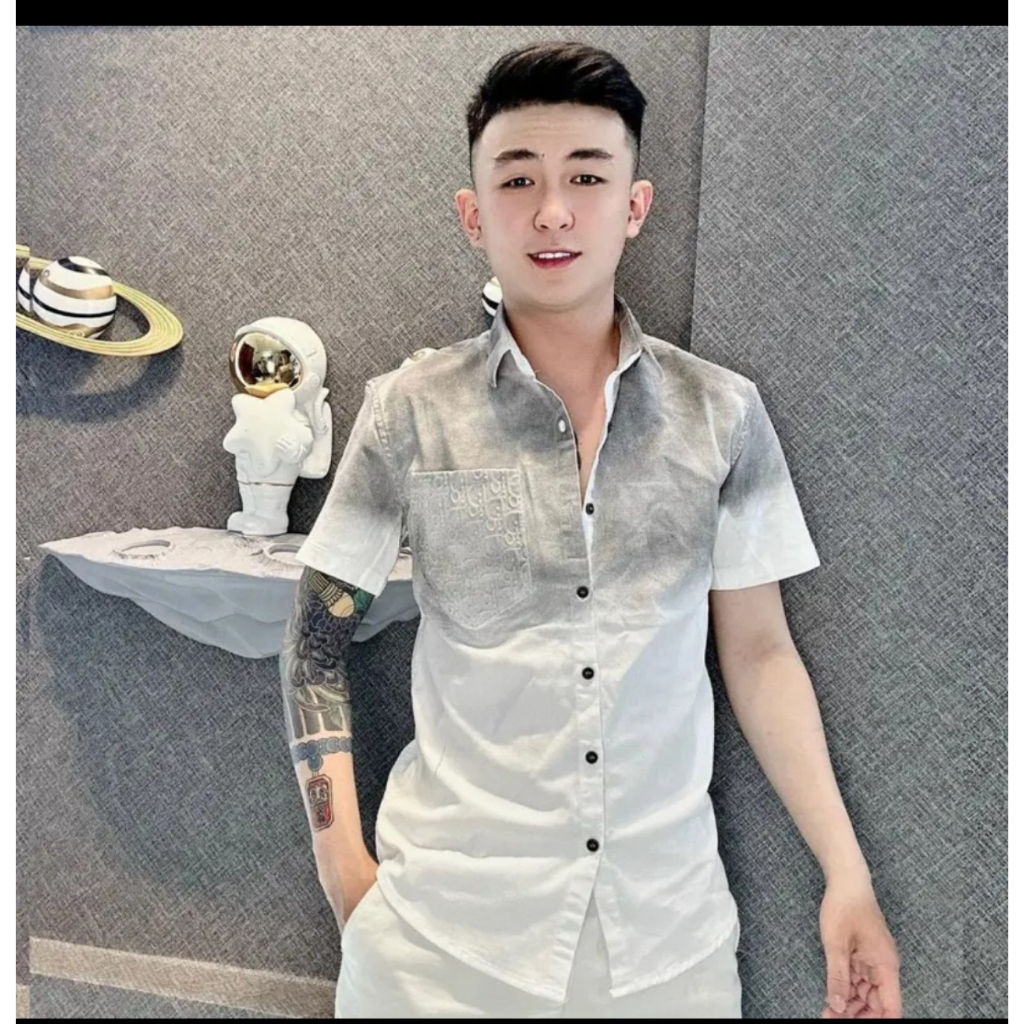 Áo sơ mi nam ngăn tay thiết kế phối loang in họa tiết chữ sang trọng chất vải đũi cao cấp chống nhăn xù mẫu mới giá rẻ