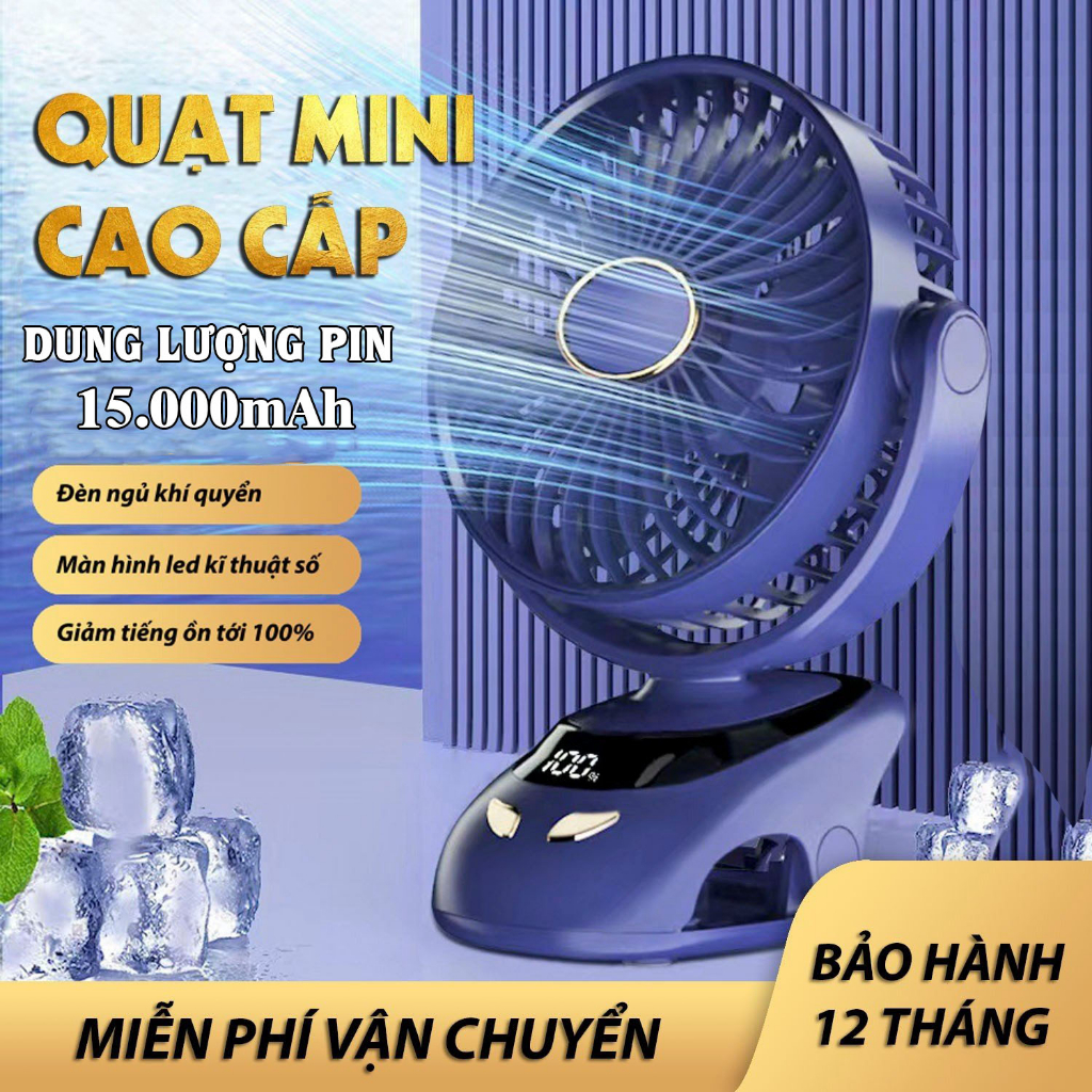 ( Mẫu Mới 2023 - Sẵn Hàng ) Quạt Mini Tích Hợp Đèn Ngủ Cao Cấp | Quạt Kẹp Bàn Tích Điện Pin 15000 Mah - Bh 12 Tháng