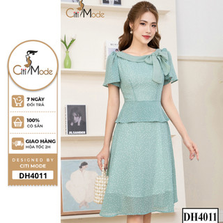 Đầm công sở CITI MODE FASHION thiết kế xòe chấm xanh cổ nơ DH4011