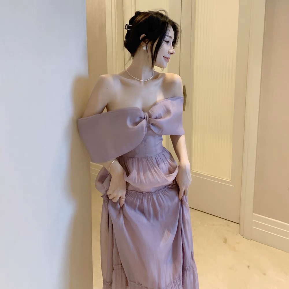 Váy Tím Trễ Vai Nữ Tính 2 Lớp
