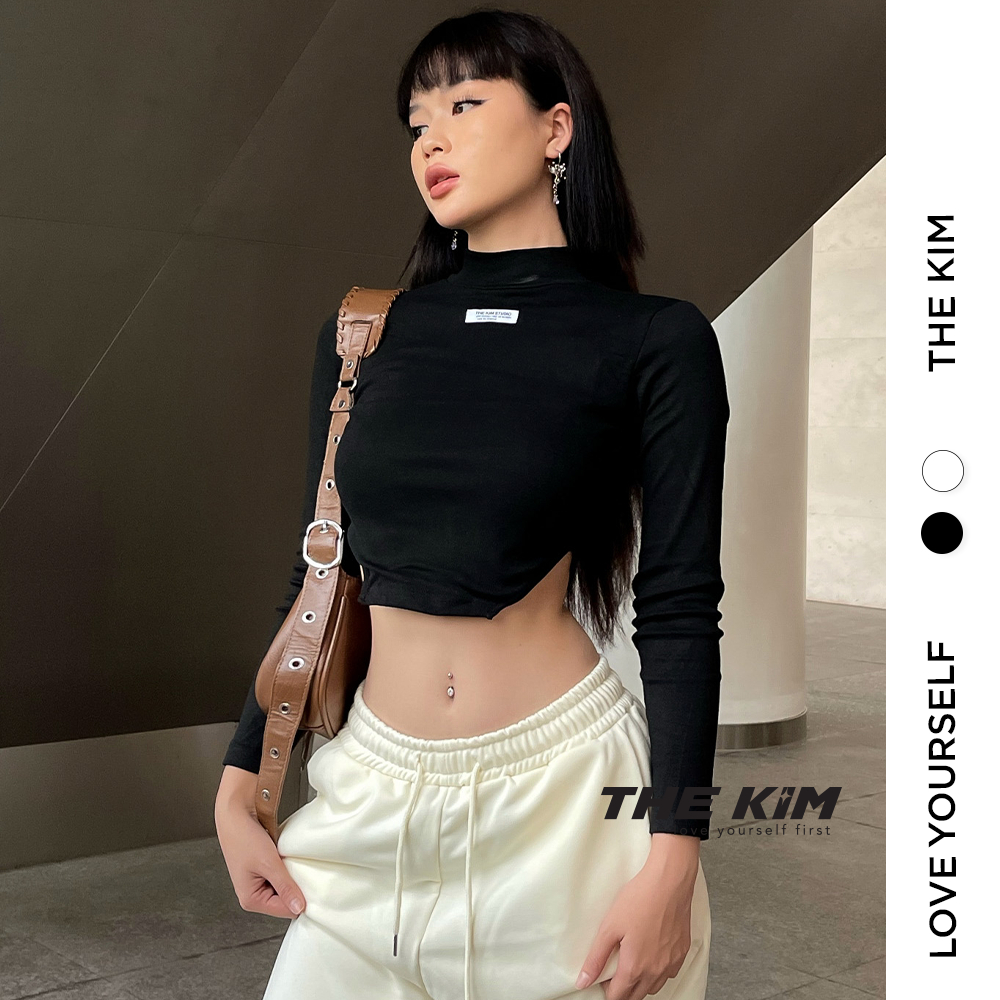 Áo croptop dài tay cổ cao vạt chéo The Kim , áo thun cotton gắn logo ngực A160