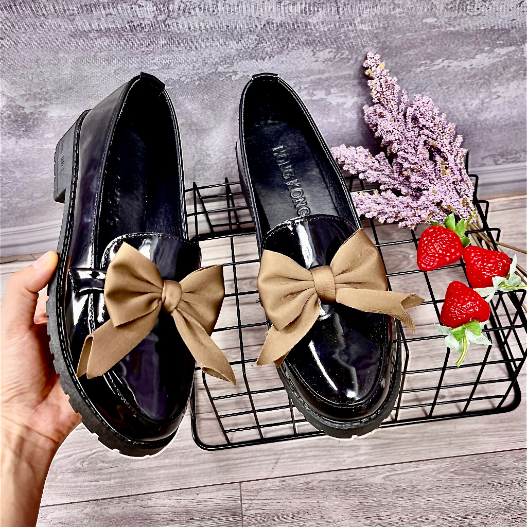 Giày nữ đế đốc NƠ NÂU mũi nhọn da bóng gót cao 3 phân TA22