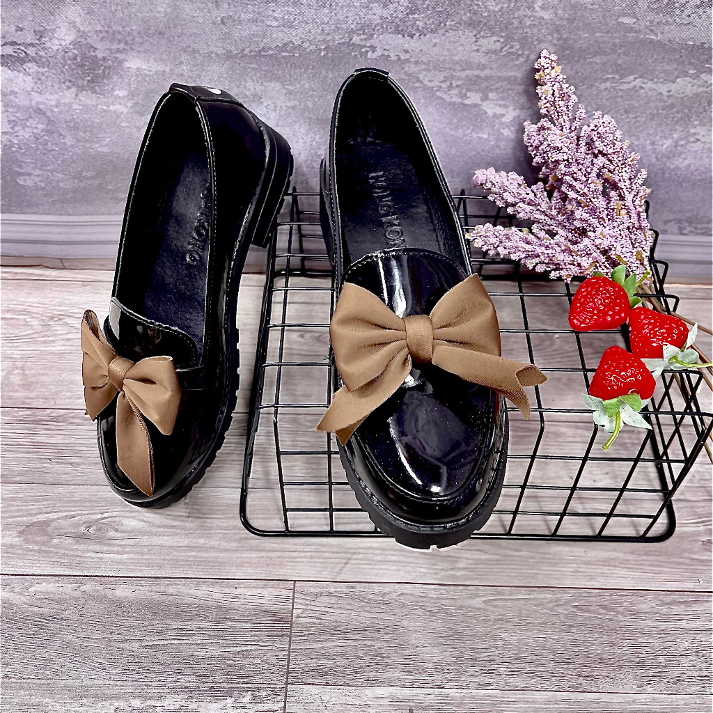 Giày nữ đế đốc NƠ NÂU mũi nhọn da bóng gót cao 3 phân TA22