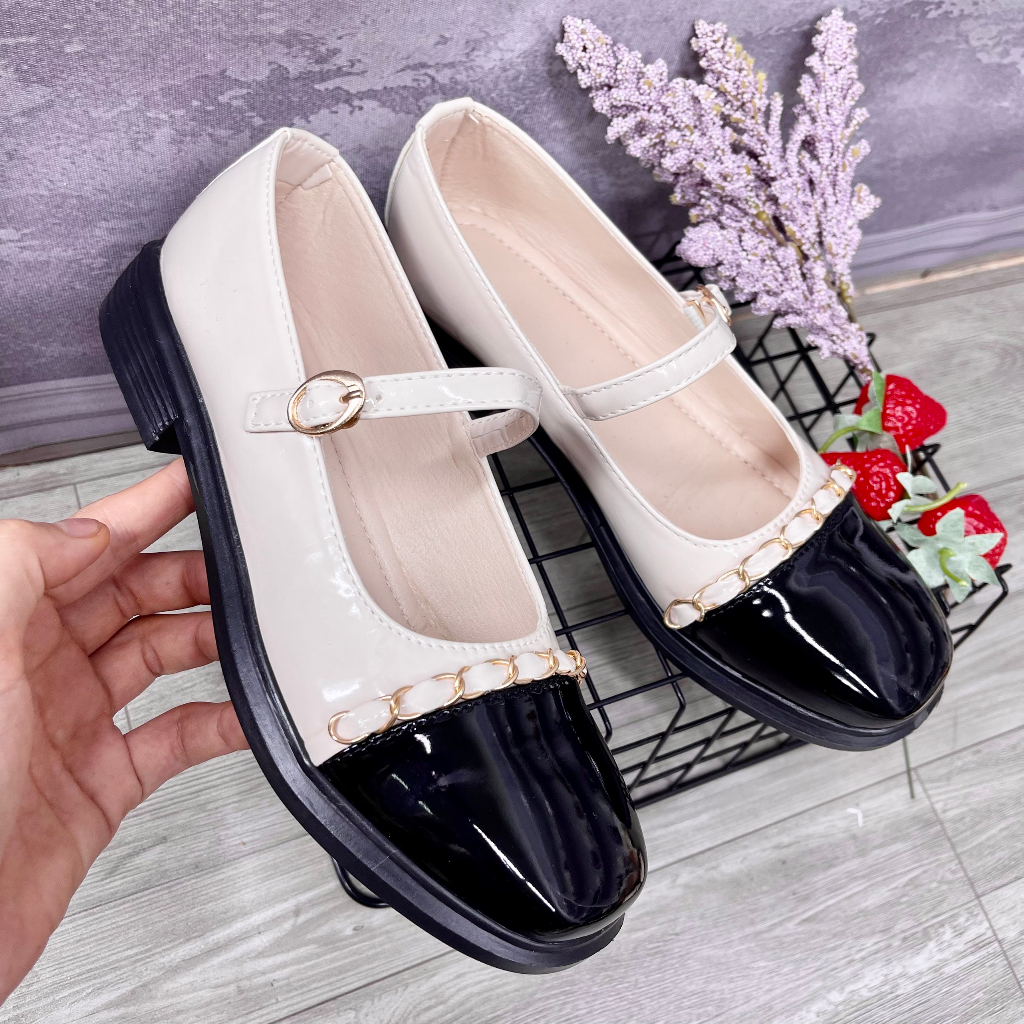 Giày nữ đế đốc phối dây xích mũi vuông đế 2 phân bản da mềm TA16