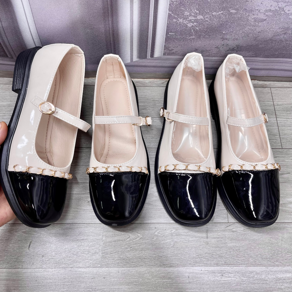 Giày nữ đế đốc phối dây xích mũi vuông đế 2 phân bản da mềm TA16