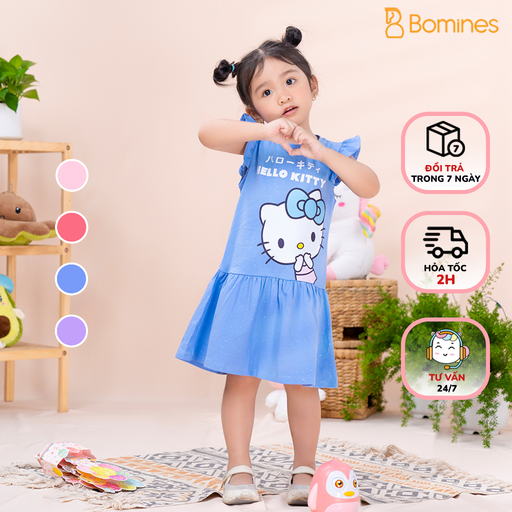 Váy bé gái Hello Kitty BOMINES tay cánh tiên thun co giãn 4 chiều cho bé gái 3- 10 tuổi, 12- 30kg DTNBGKITTYkimtuyen