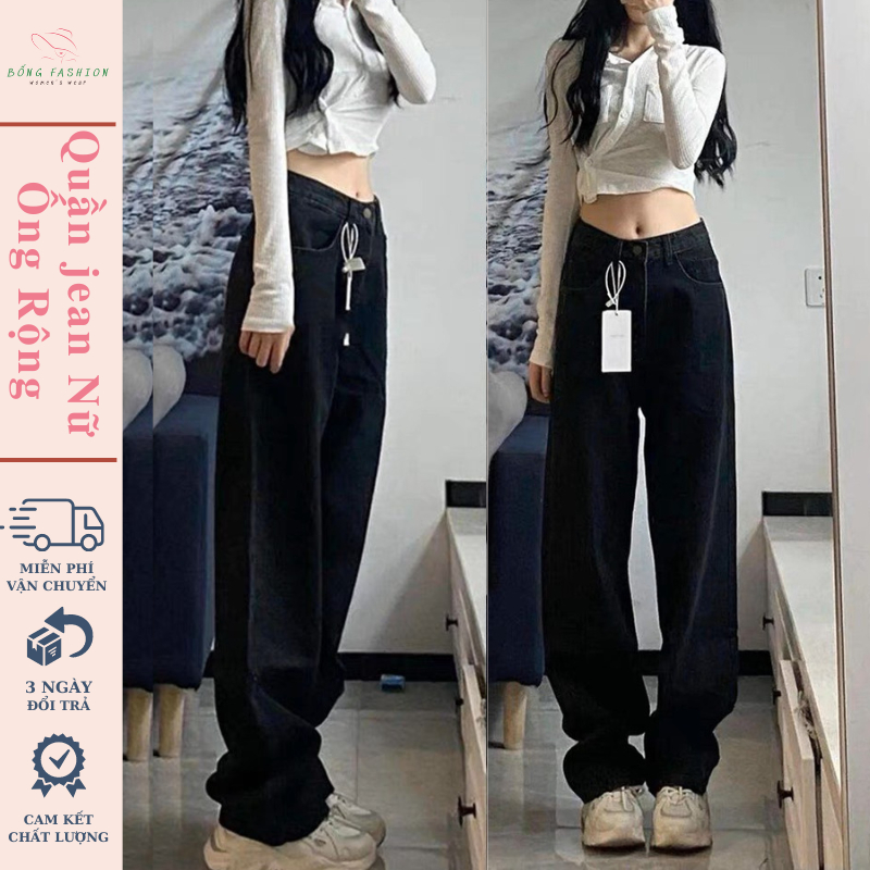 Quần jean nữ RETRO ống Suông rộng Cạp Cao BỐNG FASHION, Quần bò jeans nữ đen đen ống rộng phong cách Retro Ulzzang 2023 | BigBuy360 - bigbuy360.vn