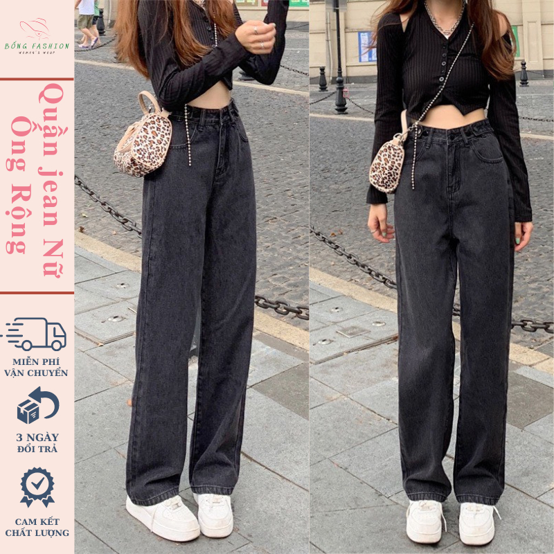 Quần jean nữ RETRO ống Suông rộng Cạp Cao BỐNG FASHION, Quần bò jeans nữ đen đen ống rộng phong cách Retro Ulzzang 2023 | BigBuy360 - bigbuy360.vn