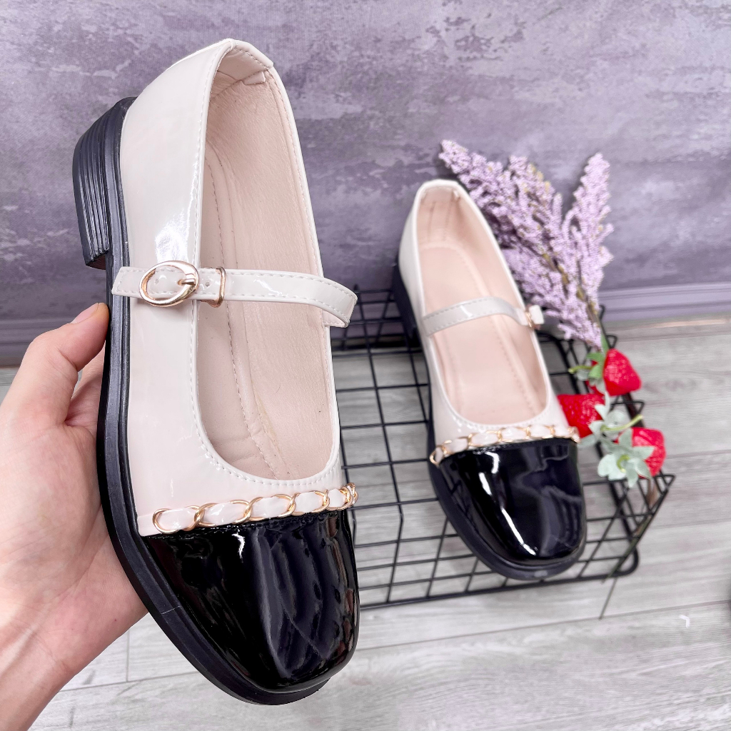 Giày nữ đế đốc phối dây xích mũi vuông đế 2 phân bản da mềm TA16