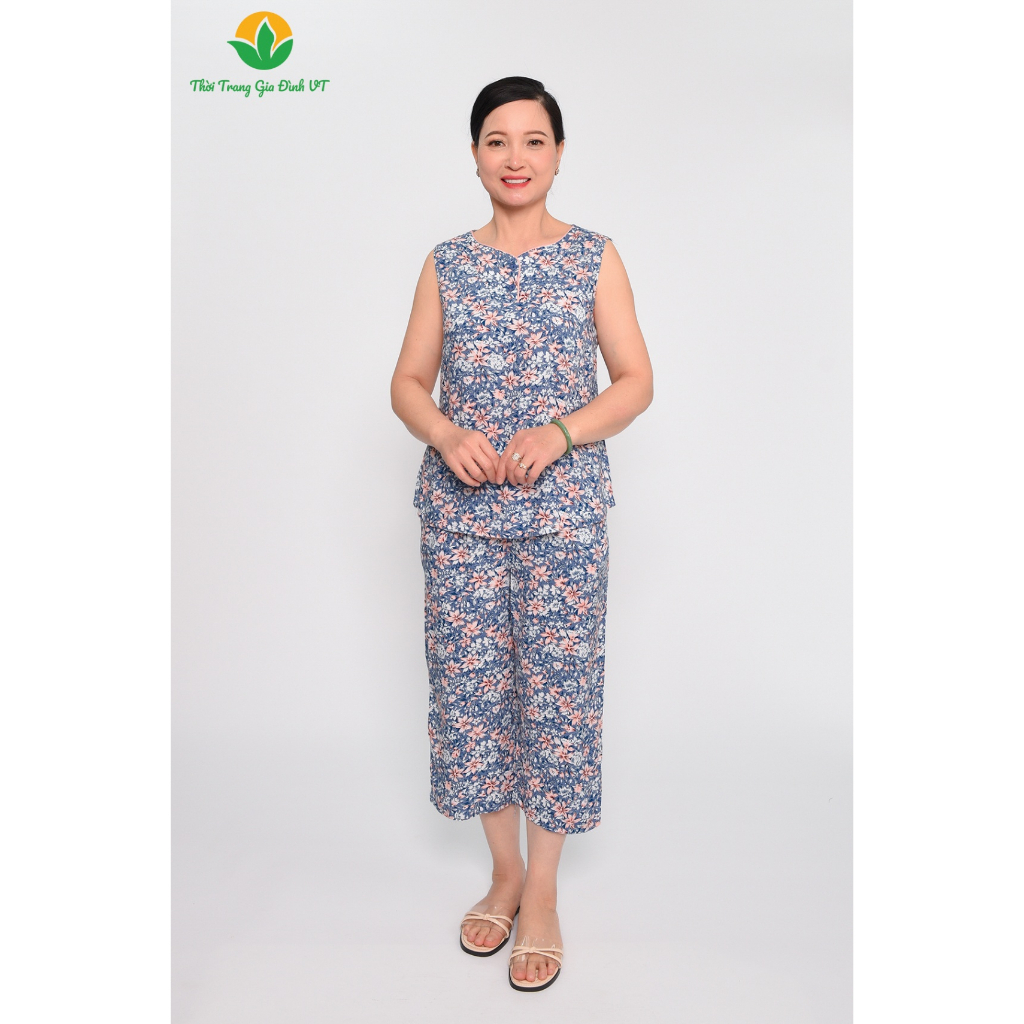Bộ mặc nhà trung niên mùa hè thời trang Việt Thắng quần lửng, áo sát nách chất Lanh - B05.2307