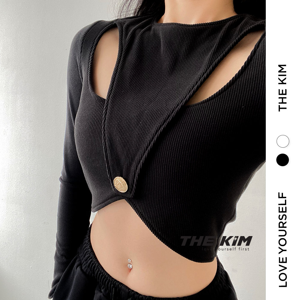 Áo len croptop dài tay khoét ngực The Kim , áo thun tăm gân tay dài A171