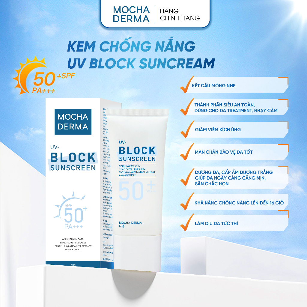 Kem Chống Nắng Mocha Derma SPF 50 PA+, Nâng Tone, Phục Hồi, Bảo Vệ Da Khỏi Tia UVA Và UVB 50g