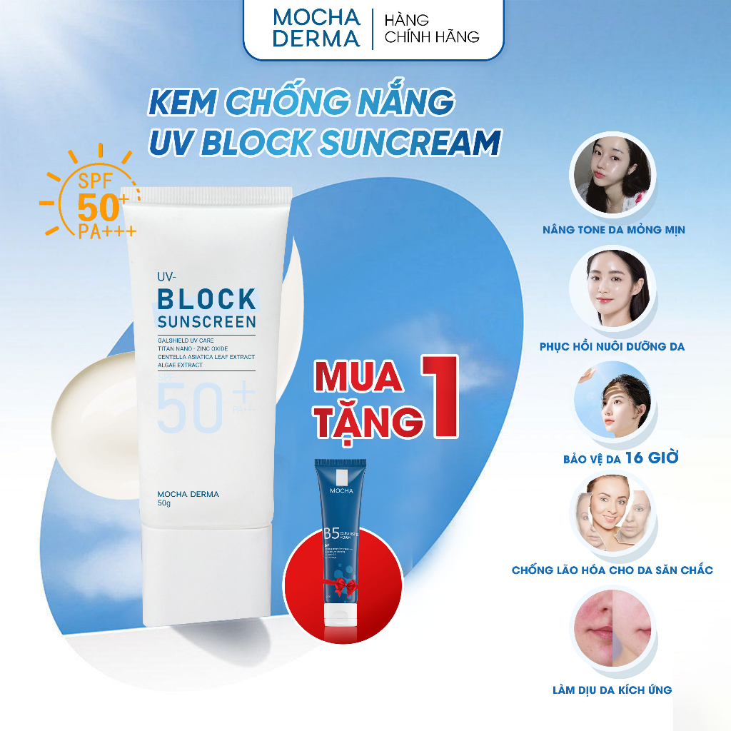 Kem Chống Nắng Mocha Derma SPF 50 PA+, Nâng Tone, Phục Hồi, Bảo Vệ Da Khỏi Tia UVA Và UVB 50g