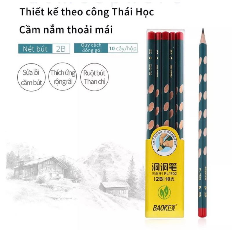 Hộp 10 bút chì gỗ định vị tay cầm Hữu Cơ Baoke -1702 an toàn cho bé tập viết