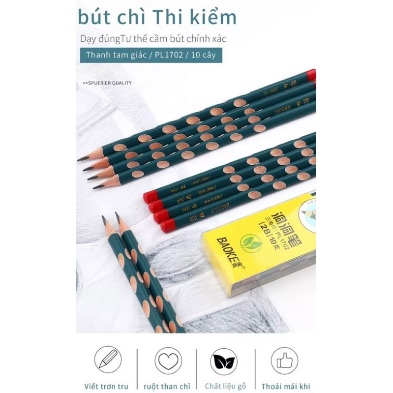 Hộp 10 bút chì gỗ định vị tay cầm Hữu Cơ Baoke -1702 an toàn cho bé tập viết