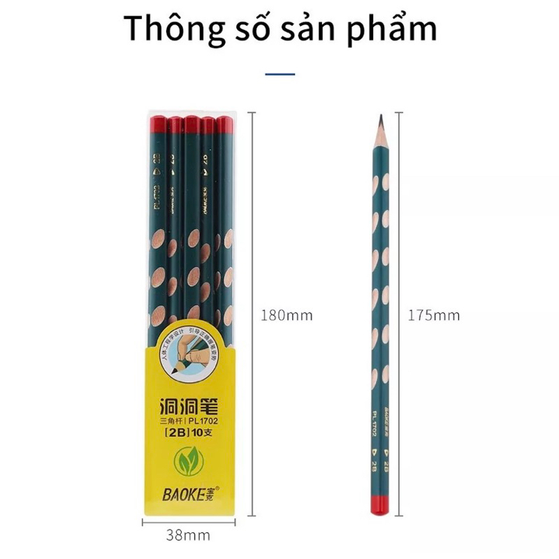 Hộp 10 bút chì gỗ định vị tay cầm Hữu Cơ Baoke -1702 an toàn cho bé tập viết