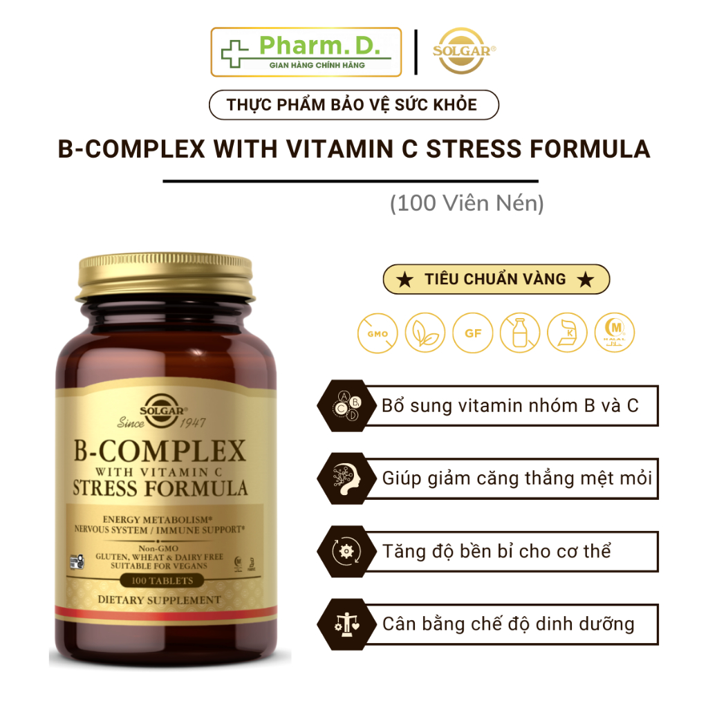 [CHÍNH HÃNG] Viên Uống Solgar B-Complex With Vitamin C Stress Formula (Hộp 100 Viên) Giảm Stress & Căng Thẳng Thần Kinh