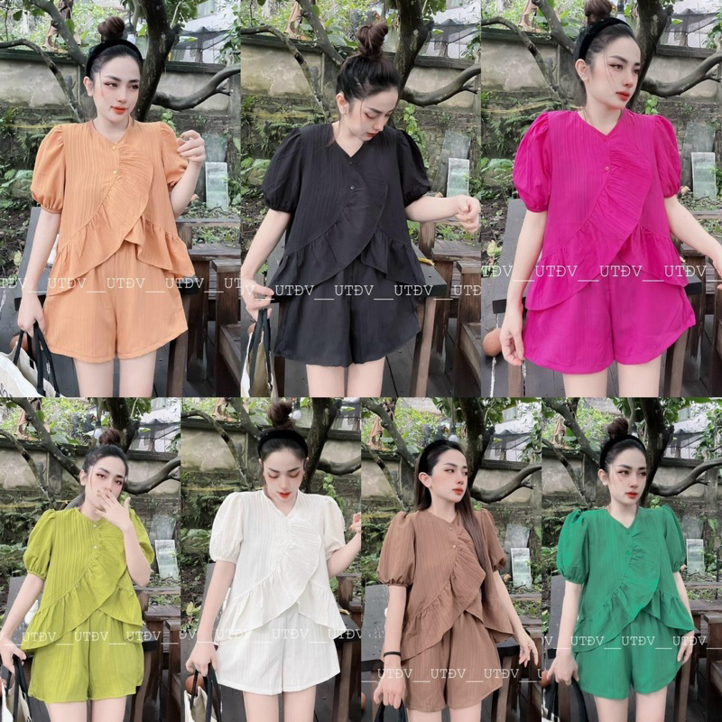 Set Bộ Đũi Gân Quần Đùi Viền Bèo 7 Màu Siêu Mát, Bộ Nữ Mặc Nhà Kèm Ảnh Thật