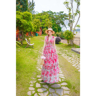 Đầm maxi hoa hồng bèo tầng