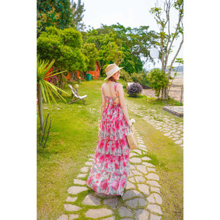 Đầm maxi hoa hồng bèo tầng