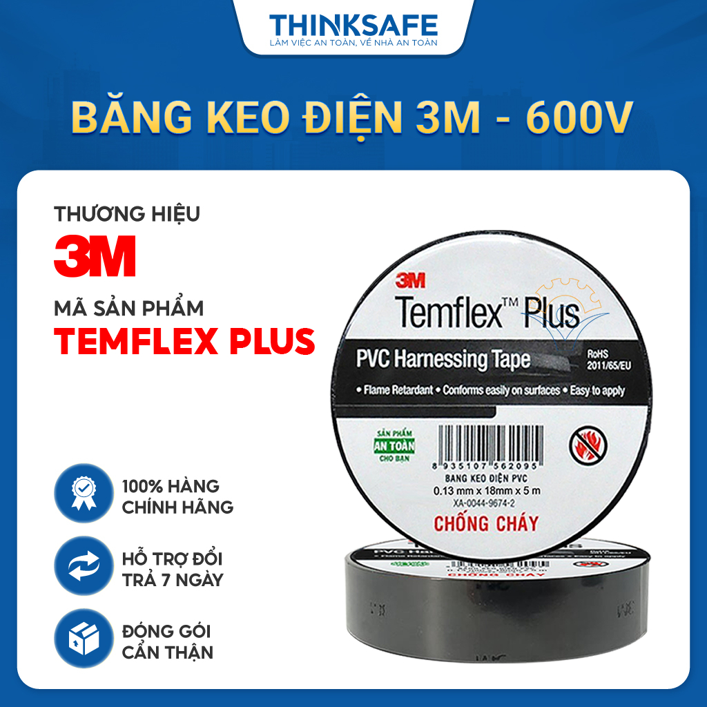 Băng keo điện 3M Temflex 1518 cách điện, chịu nhiệt, chống nước, quấn dây an toàn lên đến 600V hạ áp - THINKSAFE