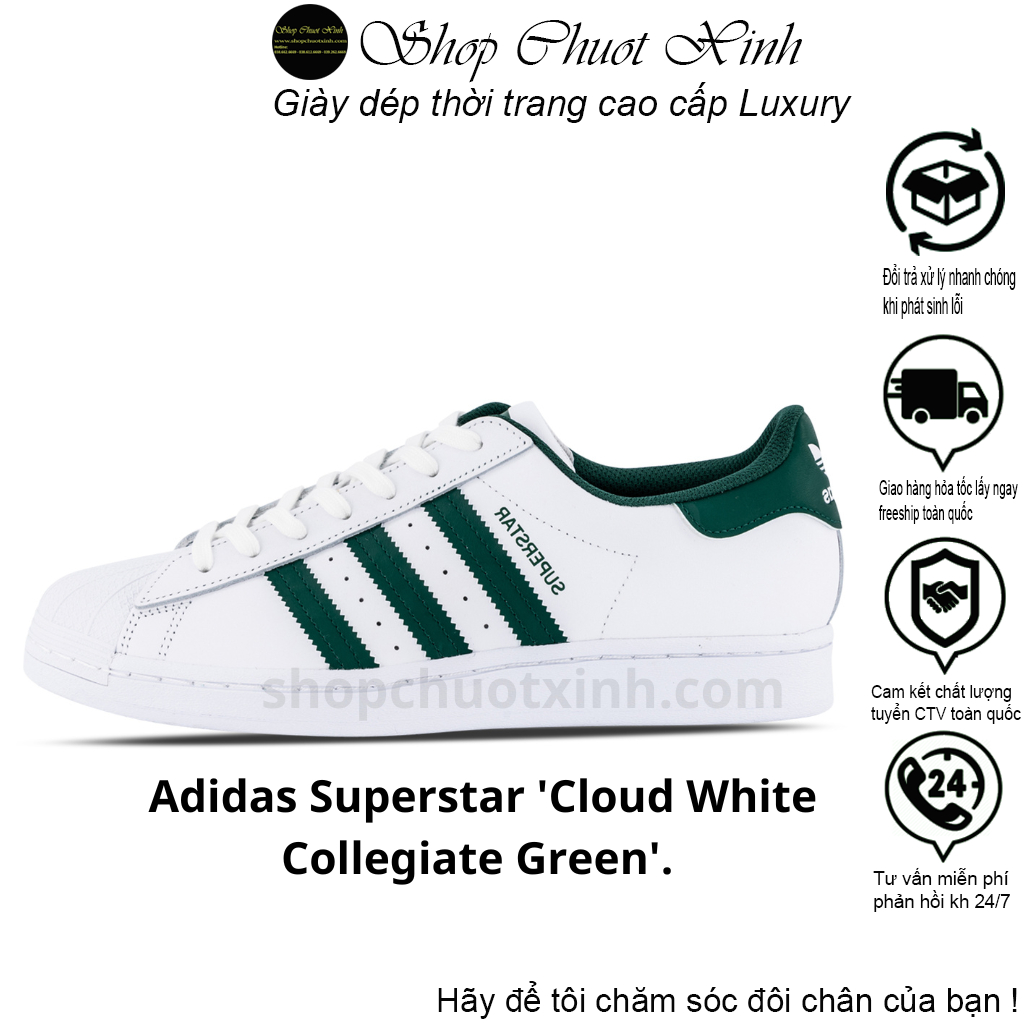 Giày Thể Thao Adidas Superstar 'Cloud White/Collegiate Green/Cloud White'. Giày Thể Thao Sò Vạch Xanh Lá