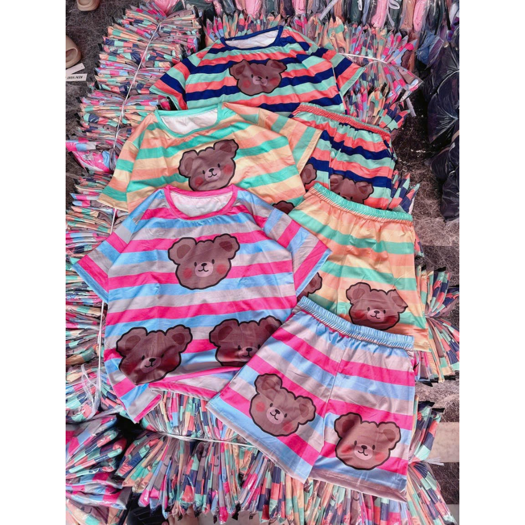 [5.5 Sales Freeship] Set bộ đùi thun mặc nhà, set thun in gấu kẻ sọc áo from rộng tay ngắn mix quần short đùi dễ thương