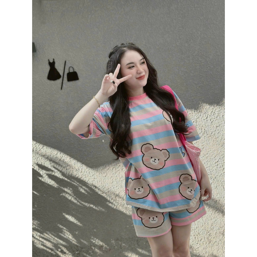 [5.5 Sales Freeship] Set bộ đùi thun mặc nhà, set thun in gấu kẻ sọc áo from rộng tay ngắn mix quần short đùi dễ thương