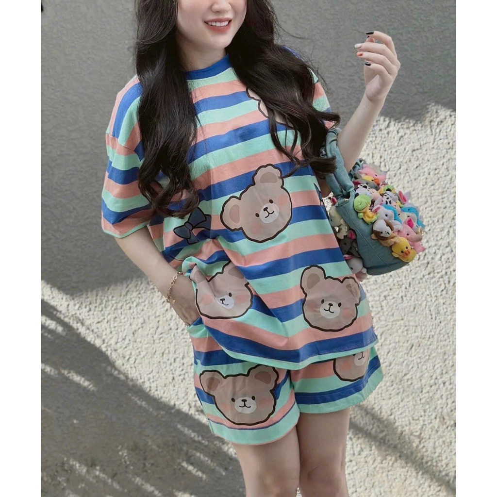 [5.5 Sales Freeship] Set bộ đùi thun mặc nhà, set thun in gấu kẻ sọc áo from rộng tay ngắn mix quần short đùi dễ thương