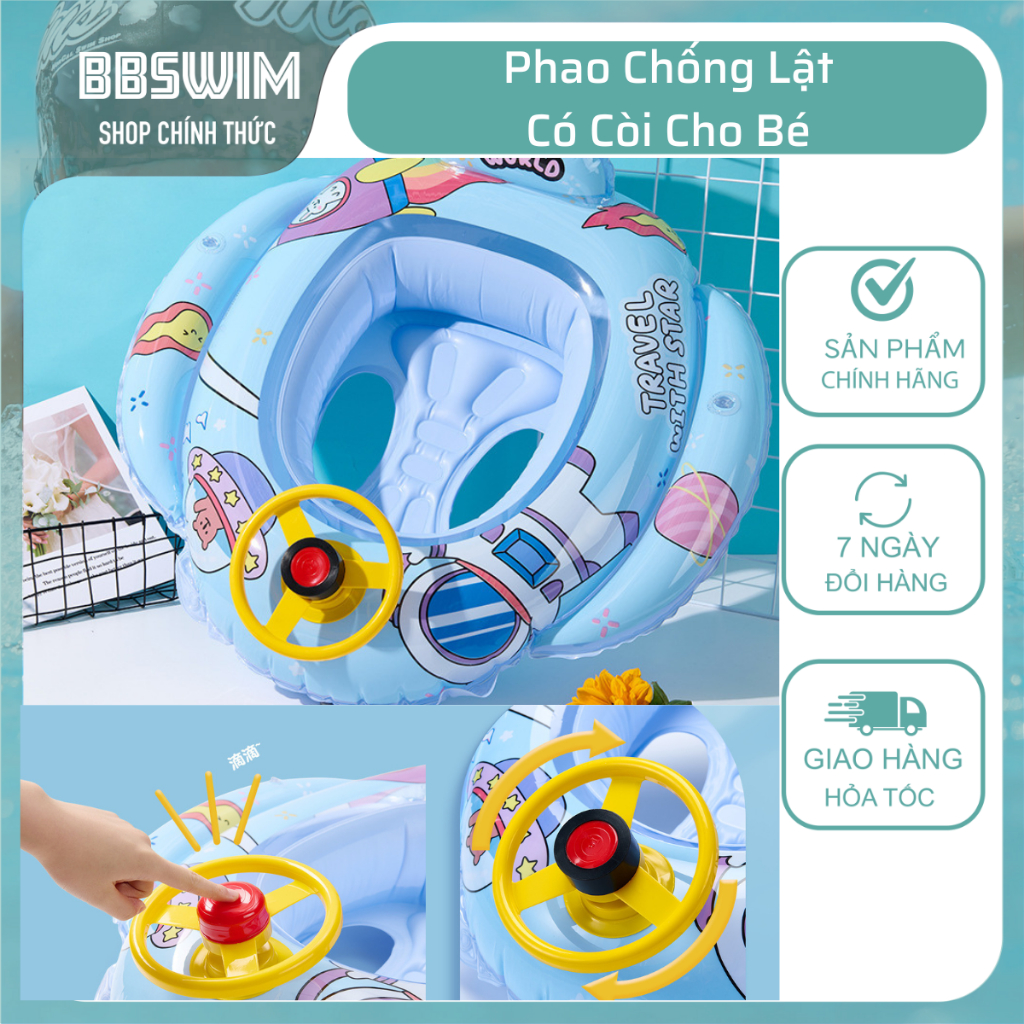Phao Bơi Cho Bé Phao Ngồi Chống Lật Phi Thuyền Có Vô Lăng Có Còi Cho Bé Dưới 25kg – Kèm Bơm
