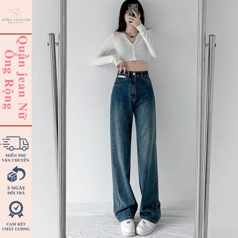 Quần jean nữ RETRO ống Suông rộng Cạp Cao BỐNG FASHION, Quần bò jeans nữ đen đen ống rộng phong cách Retro Ulzzang 2023 | BigBuy360 - bigbuy360.vn