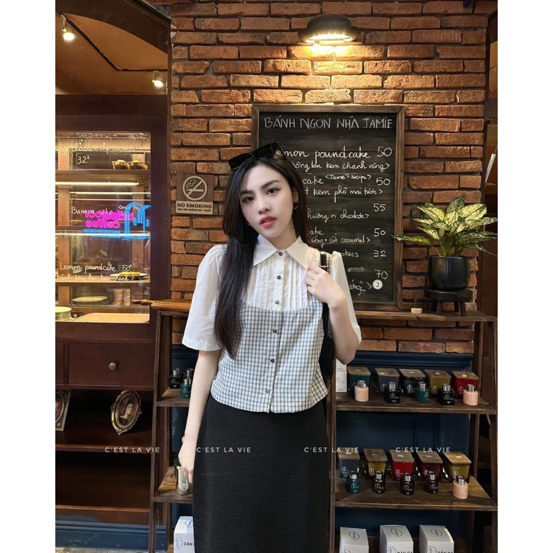 Sơ Mi Ngắn Tay Dập Li Phối Caro Công Sở - Hàng Loại Đẹp